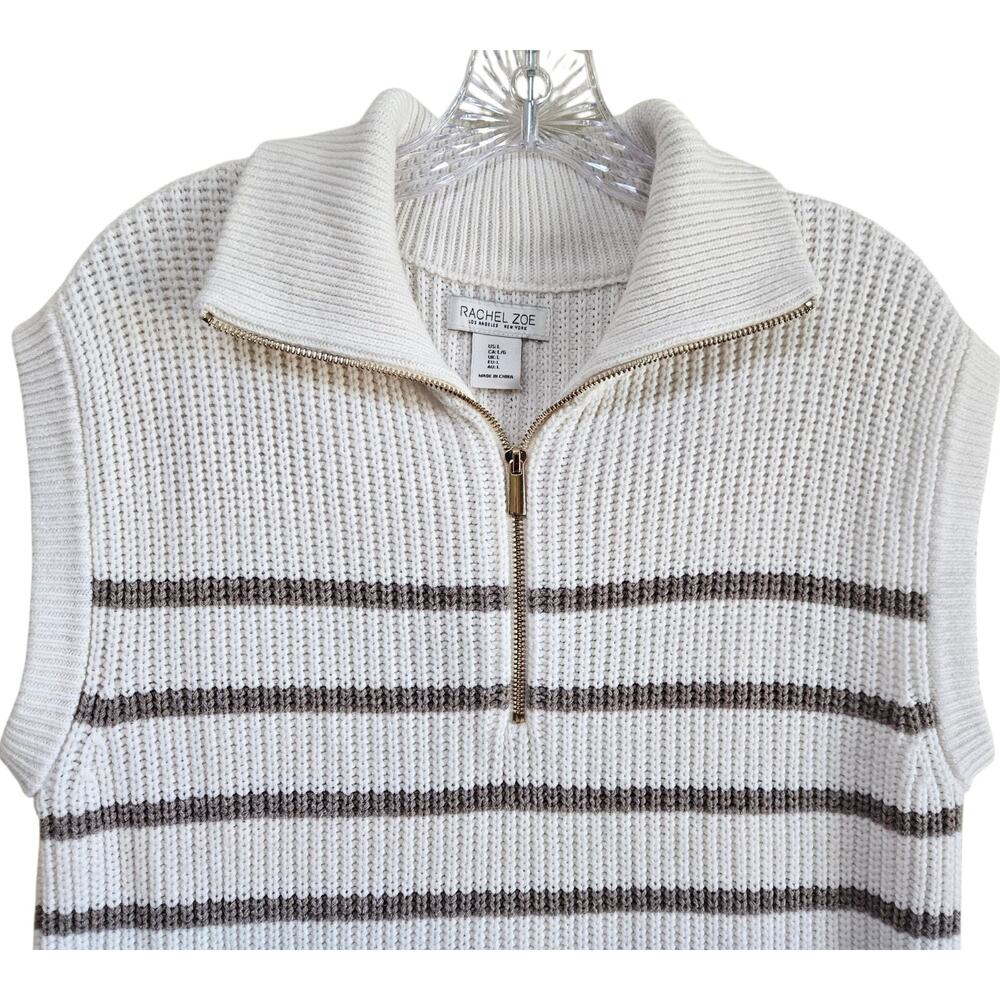 RACHEL ZOE Women's L Sweater Vest 1/4 Zip Ivory Taupe Striped Gold Hardware 38" - Picture 2 of 8